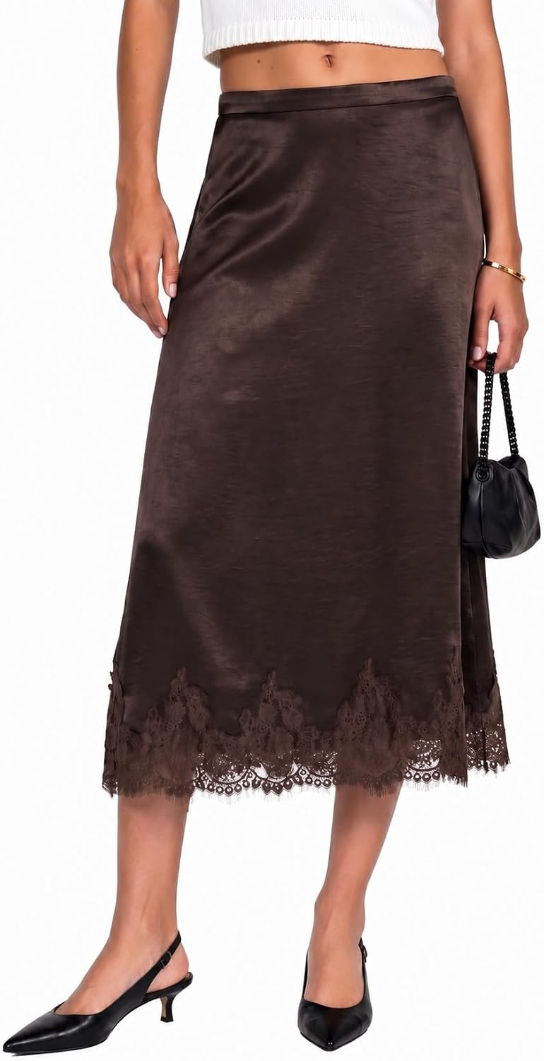 ONLYSTORY Womens Satin Lace Trim Midi Skirt Elastic Waist A-Line Skirts | Amazon (US)