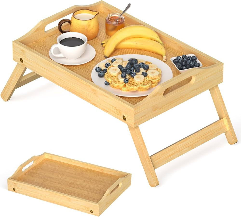 Breakfast Bed Tray for Eating - Foldable Food Laptop Table - Portable Bamboo Raised Serving Tray ... | Amazon (US)