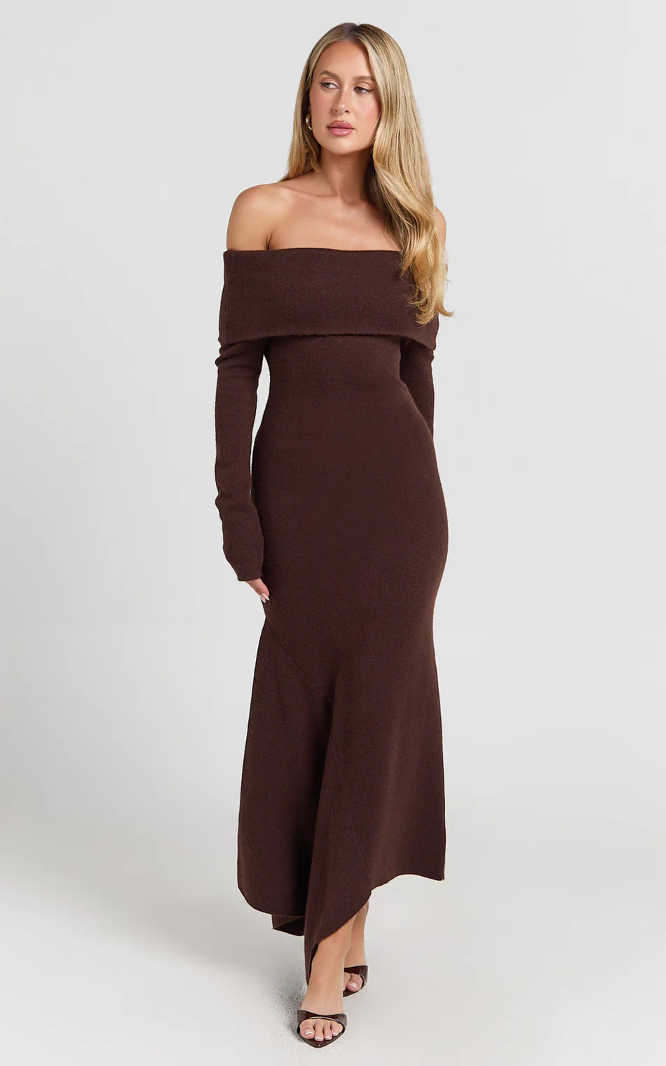 Karina Midi Dress - Long Sleeve Folded Off Shoulder Asymmetric Dress in Chocolate | Showpo (US, UK & Europe)