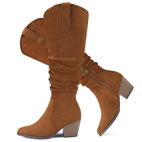 SUEDI Women's Slouchy Knee High Boots Cowboy Boots Pointed Toe Pull On Boots Side Zipper Fall Boots Brown Size 8 | Amazon (US)