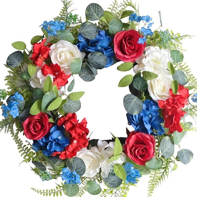 18 Inch Patriotic Forth of July Roses Eucalyptus and Hydrangea Flowers for Front Door and Wall, M... | Amazon (US)