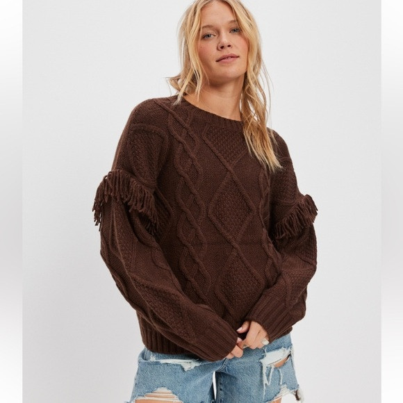 American Eagle fringe sleeve sweater brown small | Poshmark