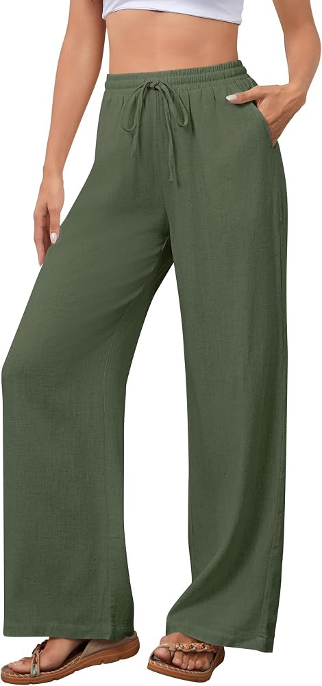 OMSJ Women's Cotton Linen Casual Palazzo Pants Drawstring Elastic Waist Flowy Wide Leg Long Loung... | Amazon (US)