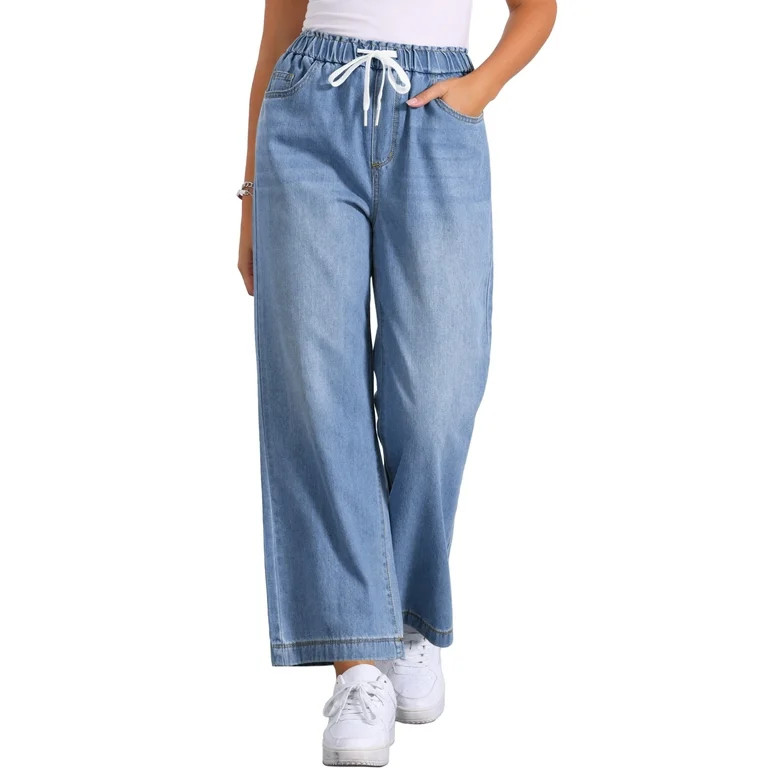 Allegra K Casual Denim Pants for Women's Drawstring Elastic Waist Wide Legs Jeans S Light Blue | Walmart (US)
