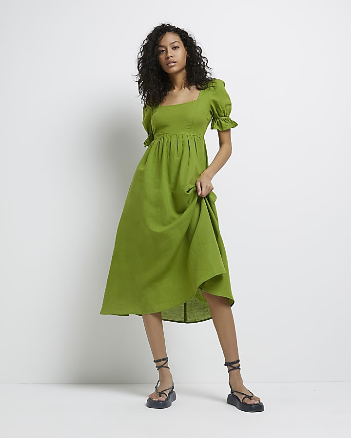 Khaki smock midi dress | River Island (UK & IE)