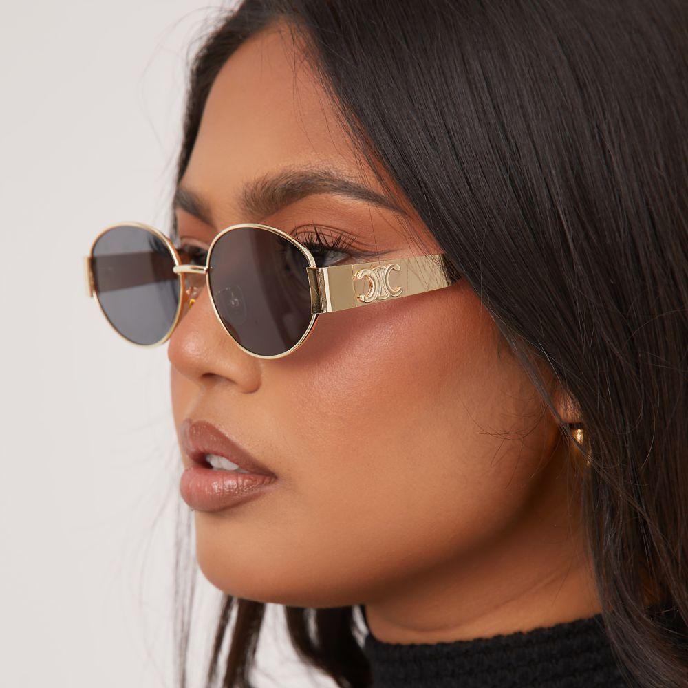 Oval Cateye Shape Side Detail Metal Frame Sunglasses In Gold | Ego Shoes (UK)