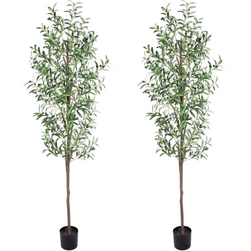 CETRD Artificial Olive Tree, 6FT Tall Faux Olive Trees 72in Outdoor Fake Potted Silk Plant with Trunk and Realistic 648 Leaves and 24 Fruits for Modern Office Home Decor Indoor 2Pack | Amazon (US)