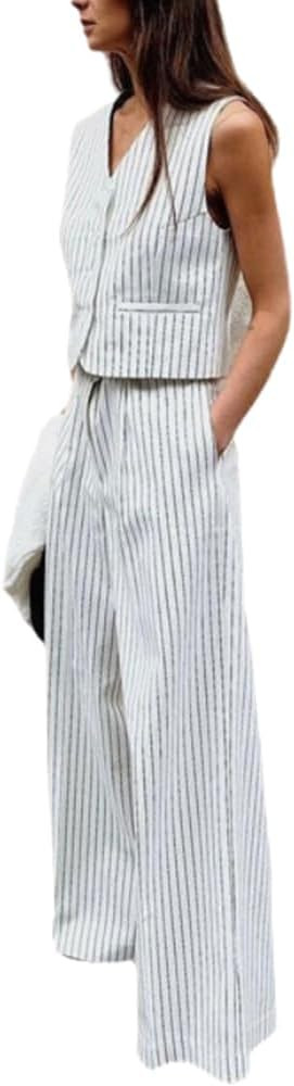 Women's Business Casual 2 Piece Outfit V Neck Sleeveless Vest Top Wide Leg Straight Pant Pinstrip... | Amazon (US)