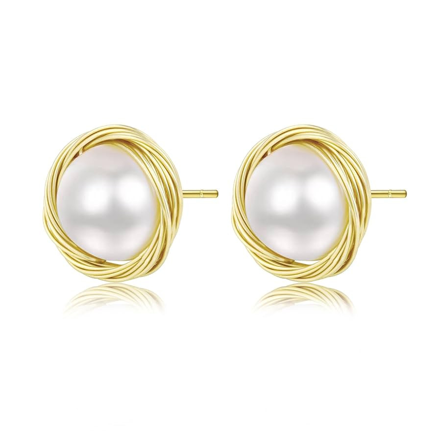 Pearl Earrings for Women, White Round Pearls Stud, Wire Wrap Gold Stud Earrings Jewelry, Handmade... | Amazon (US)