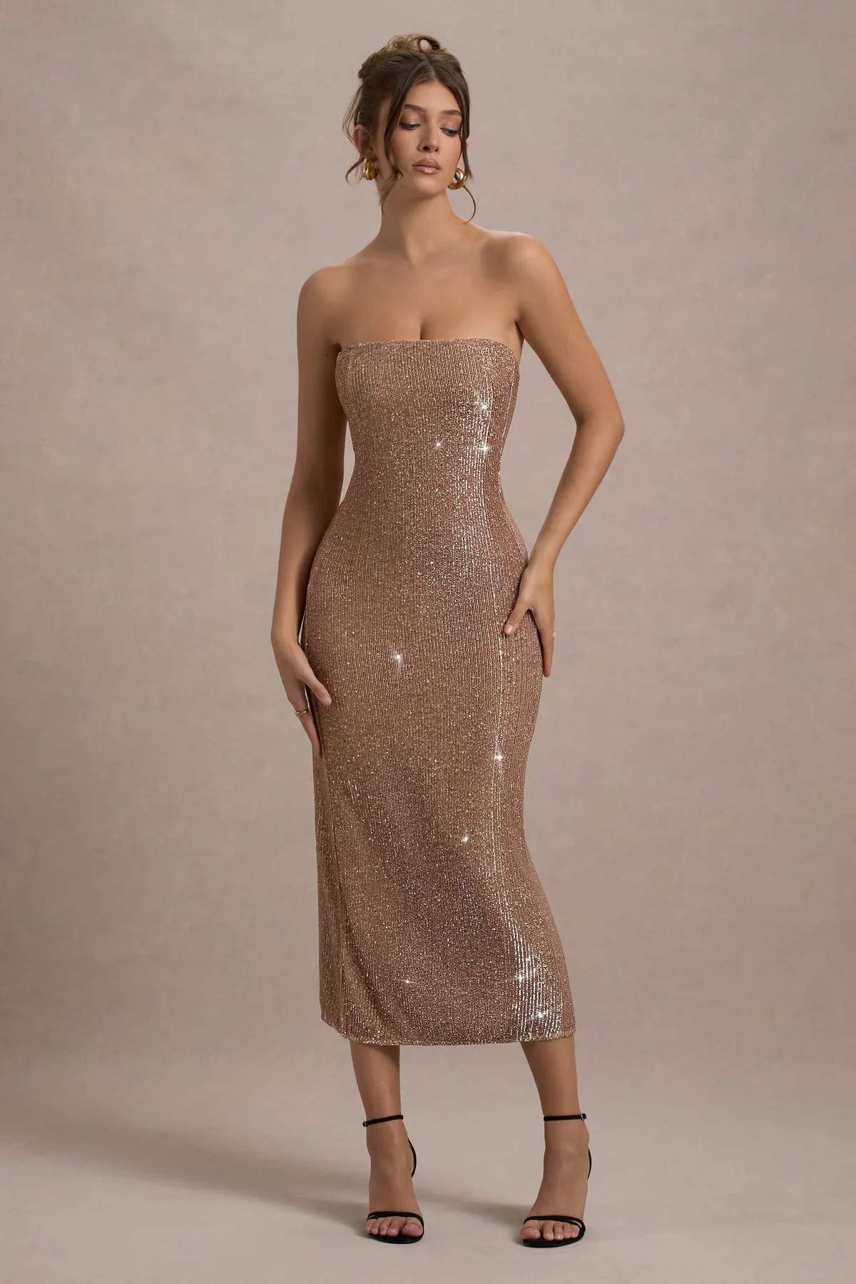 Lilabelle | Rose Gold Plisse Sequin Bandeau Midi Dress | Club L London