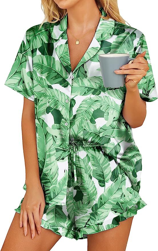 Hotouch Womens Satin Pajamas Set Button Down 2 Piece Silk Pjs Shorts Set Ruffle Lingerie Notch Co... | Amazon (US)