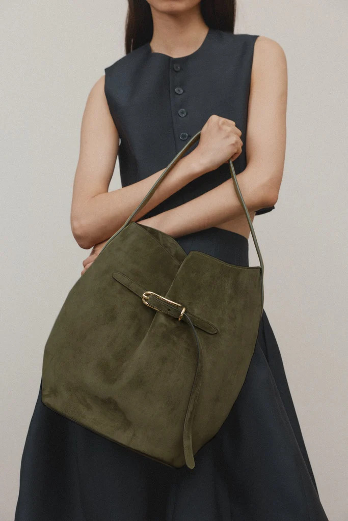 Belted Bucket Bag Large Sage Suede | LITTLE LIFFNER