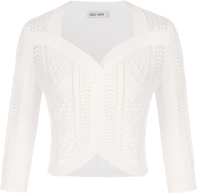 GRACE KARIN Women 3/4 Sleeve Crop Cardigan Bolero Shrugs for Dress Knit Sweater Scalloped Crochet... | Amazon (US)