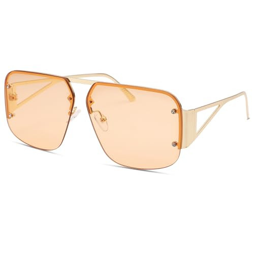 NULOOQ Trendy Aviator Sunglasses for Women Men Retro Metal Rimless Frame Shades Luxury Designer Style (Gold Frame/Champagne Lens) | Amazon (US)