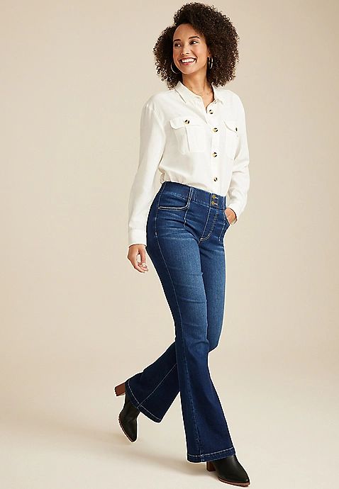 Everflex™ Dark High Rise Pull On Flare Jean | Maurices