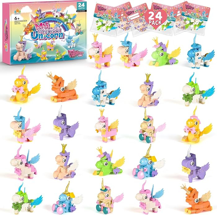 Valentines Day Gifts for Kids – 24 Pack Unicorn Figures Building Set with Cards, Unicorn STEM B... | Amazon (US)