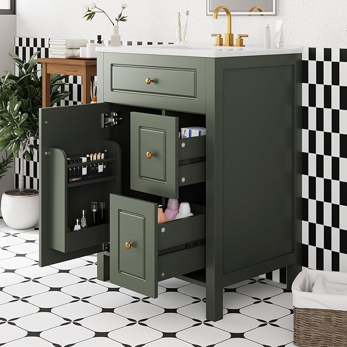 24-Inch Bathroom Vanity with Ceramic Sink, 1 Soft Close Door, 2 Soft Close Drawers, and Double St... | Amazon (US)