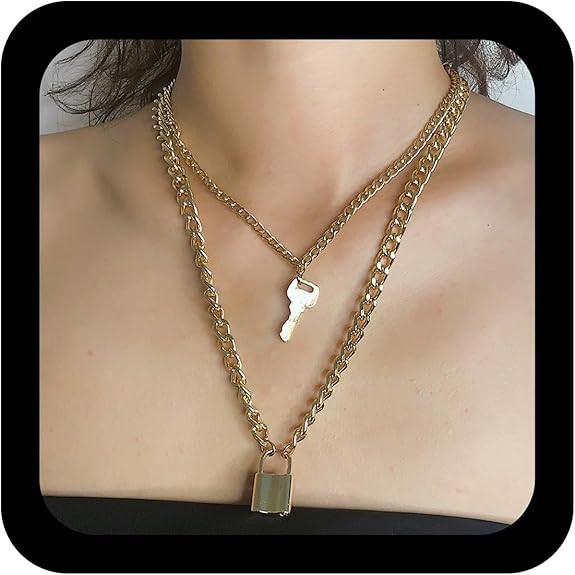 Key Lock Layered Pendant Necklace Gold Lock Long Vintage Key Collar Necklace Tiny Locks Chain Cho... | Amazon (US)
