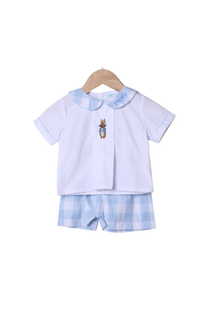 French Knot Peter Rabbit Blue Buffalo Check Short Set | The Smocked Flamingo