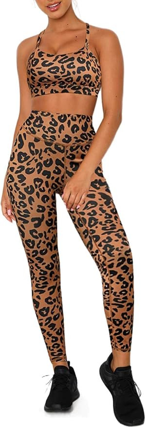 Aleumdr Womens Yoga Outfits 2 Piece Set Workout Athletic Leopard Print Shorts Leggings and Sports... | Amazon (US)