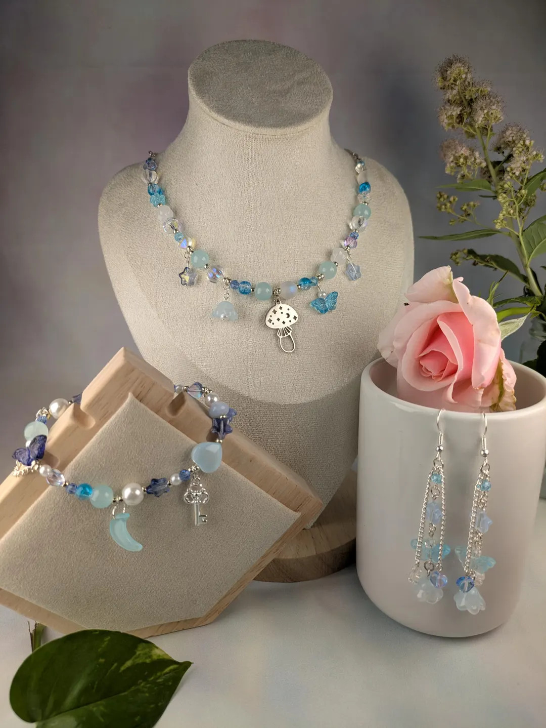 Mushroom Charm Jewelry Set: Blue Glass Beads Fairycore Necklace Bracelet Earrings | Etsy (US)
