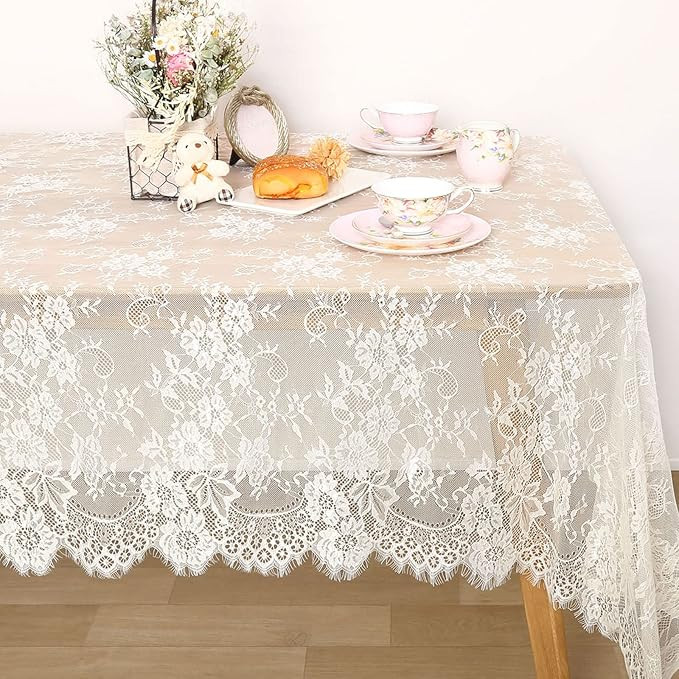 QueenDream Ivory Lace Tablecloth 60x120 Inch Wedding Rectangular Table Cloth Overlay Vintage Embr... | Amazon (US)