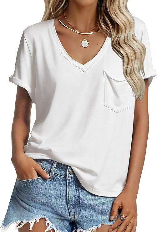 V Neck Tshirts Shirts for Women Short Sleeve Summer Tops Loose Casual Trendy 2026 Side Slit Basic... | Amazon (US)