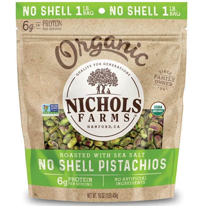 Nichols Farms Organic No Shell California Pistachios, Healthy Protein Snack, Roasted Sea Salt, 1L... | Amazon (US)