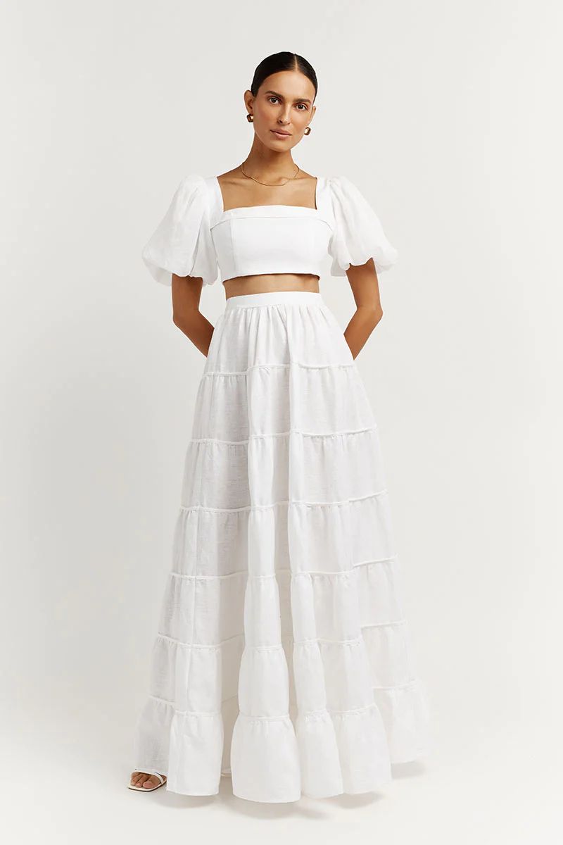 AISLE WHITE LINEN TIER LONG SKIRT | DISSH