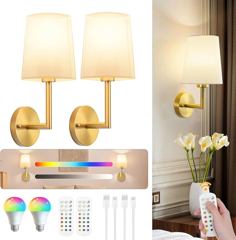 JKEYES Battery Operated Wall Sconces Set of Two, Gold Cordless Wall Sconce with 10000mAh RGB Dimm... | Amazon (US)