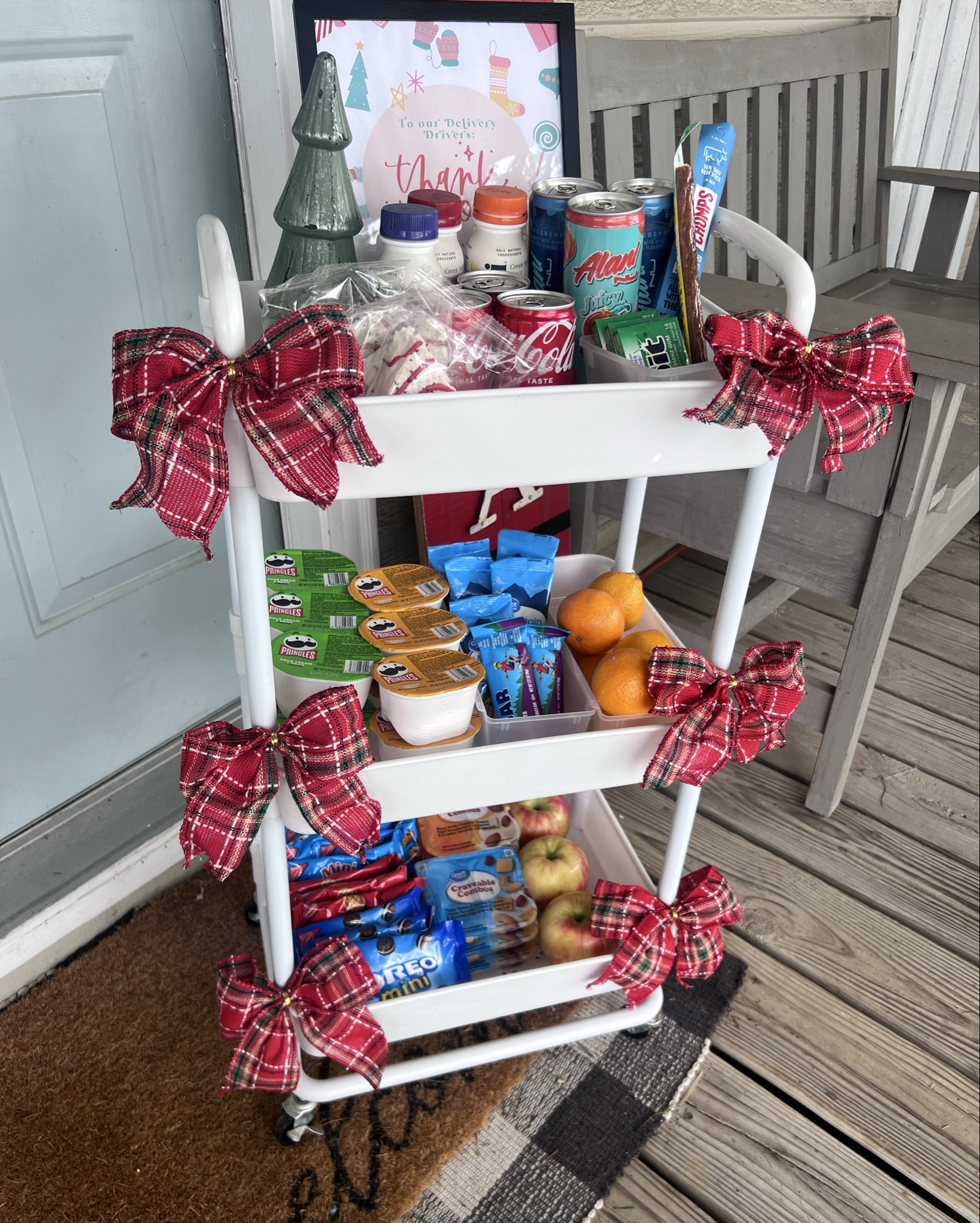 Finished my little snack cart for my delivery drivers. I love doing this every year to say thank you for all that they do! 
I grabbed all the food from Walmart. Little things here and there! 

Free printable is from Letter Vee ❤️🎄

#LTKHoliday #LTKFindsUnder50 #LTKSeasonal