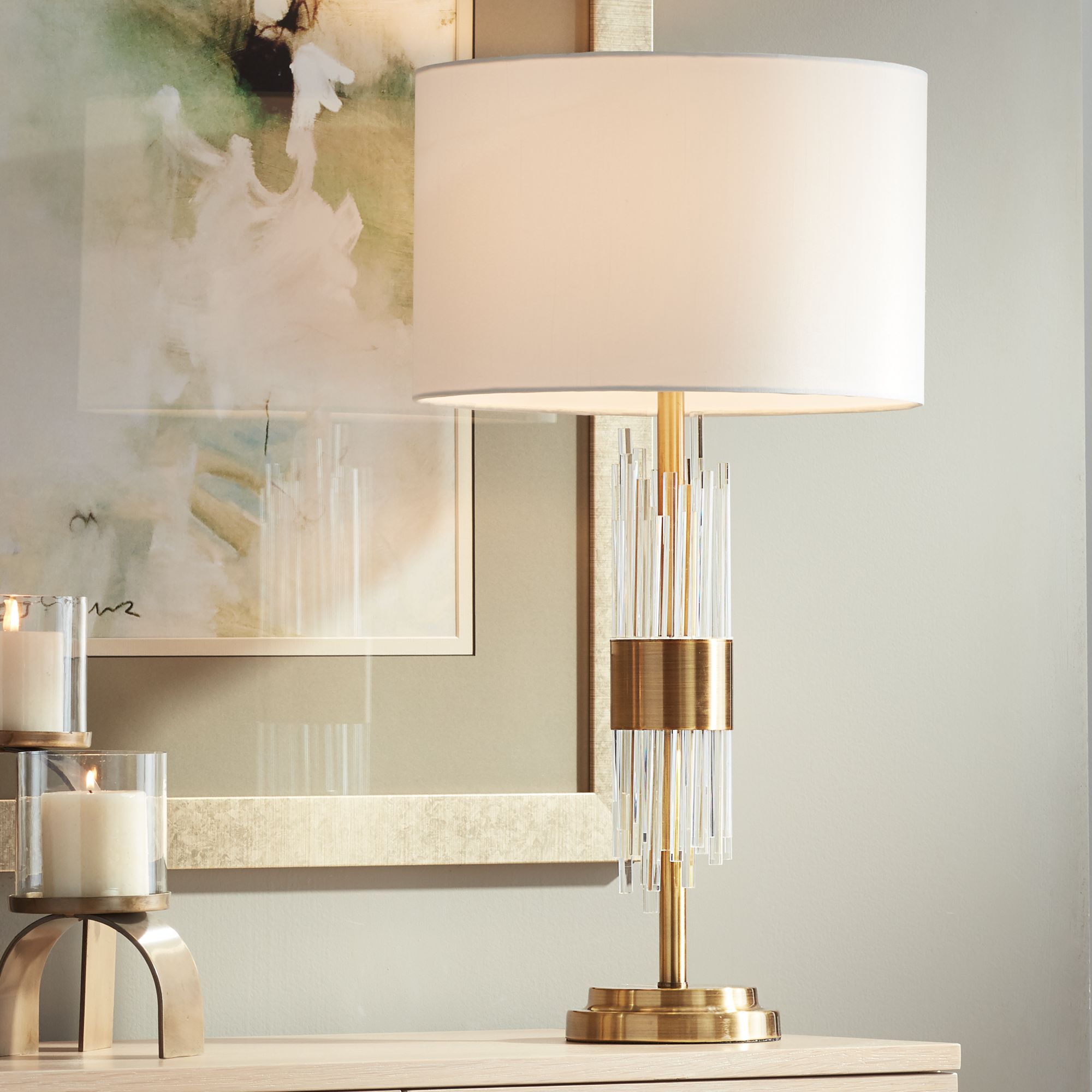 Possini Euro Design Mid Century Modern Table Lamp Brass Clear Glass Tube White Drum Shade Living ... | Walmart (US)