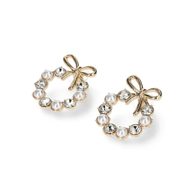 Time and Tru Women's Faux Pearl and Rhinestones Wreath Hoop Earrings | Walmart (US)