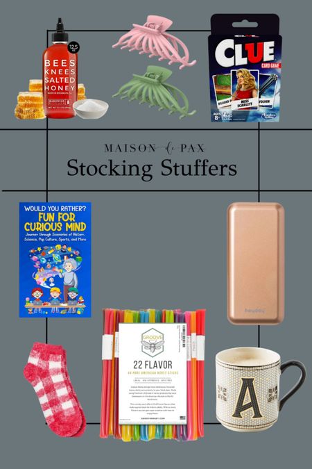 A few holiday stocking stuffers to finish out your holiday shopping! Flavored honey, hair clips, Clue card game, books for kids, power bank, soft socks, monogrammed mug 

#LTKSeasonal #LTKHoliday #LTKGiftGuide