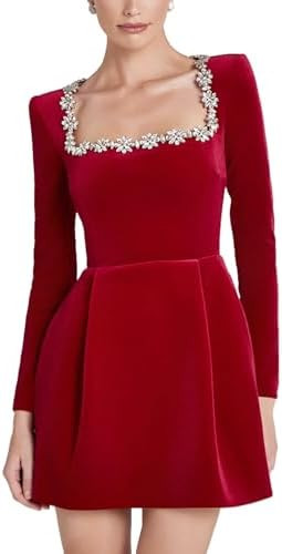 ANKOMINA Women's Elegant Crystal Square Collar Long Sleeve Velvet Mini Dress A-line Ruffle Party ... | Amazon (US)