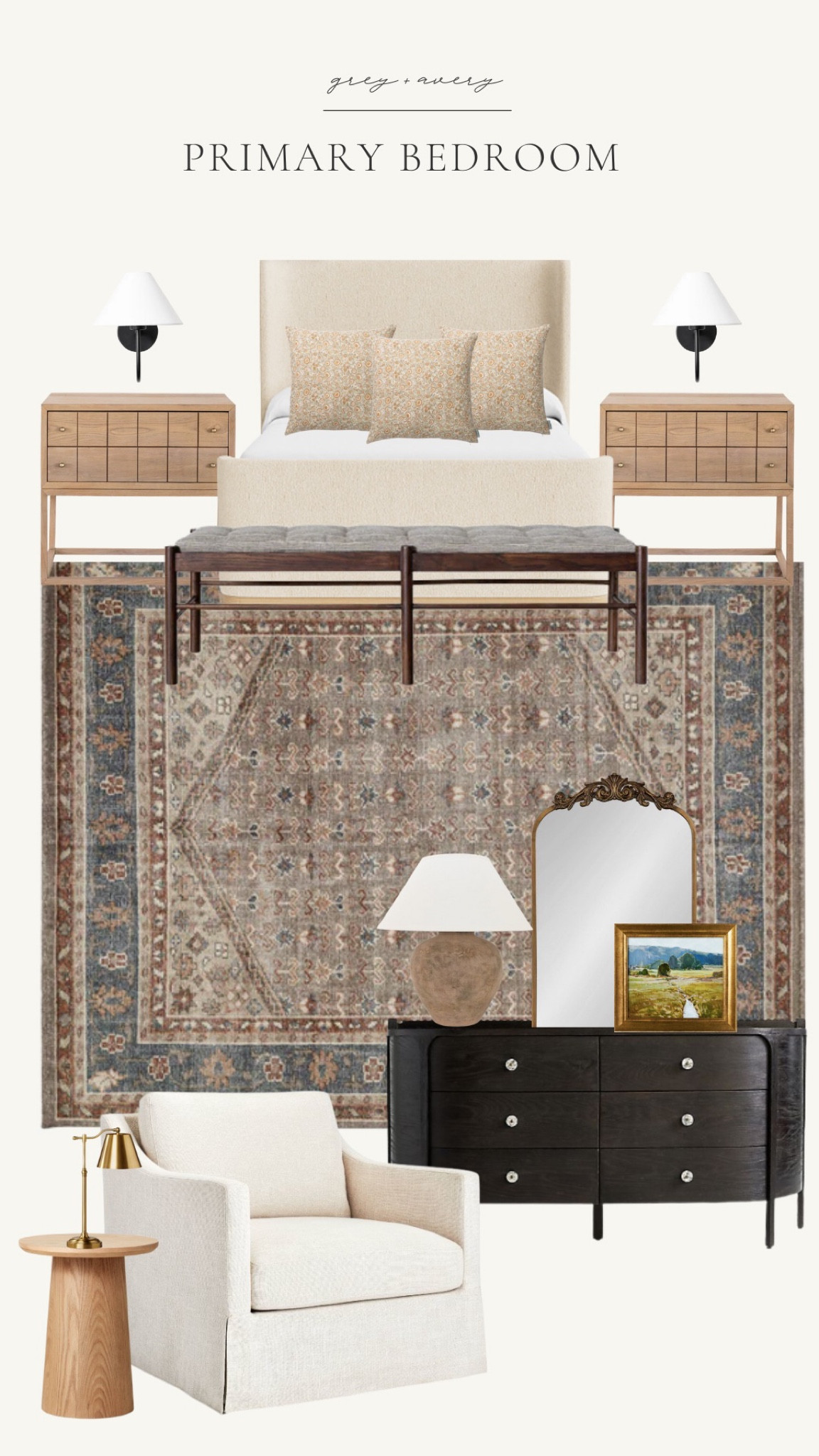 Styled: Primary Bedroom


Upholstered headboard, bench, scones, wooden nightstands, black dresser, white upholstered armchair, brass mirror, vintage rug, McGee, target 

#LTKhome