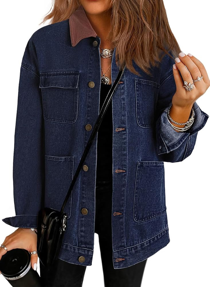 Dokotoo Jean Jacket Women Trendy Fall Fashion Long Sleeve Denim Jacket Color Block Barn Jackets O... | Amazon (US)