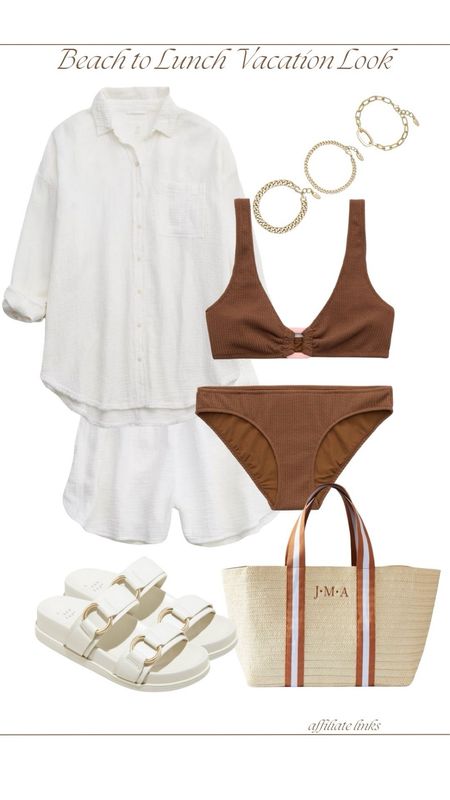 Beach to lunch daytime look. Love these sets as coverups, and not just as a daily outfit. 

UndeniablyElyse.com

Beach outfit, vacation outfit, straw tote, sandals, gold jewelry, bikini, brown bathing suit, 