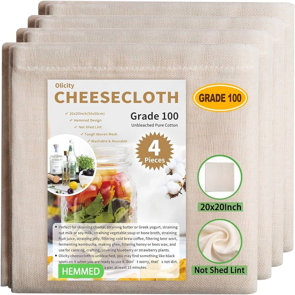 Olicity Cheese Cloth, Grade 100, 20x20Inch Hemmed Cheesecloth for Straining Reusable, 100% Unblea... | Amazon (CA)