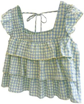 Floerns Women's Gingham Cap Sleeve Blouses Layered Ruffle Tie Back Babydoll Tank Tops | Amazon (US)