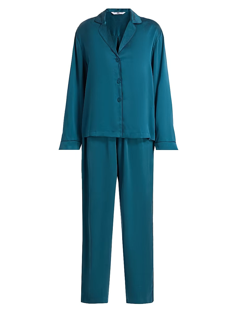 Women's Piped Silk Pajamas - Piquant Teal Lazing Navy - Size Small | Saks Fifth Avenue