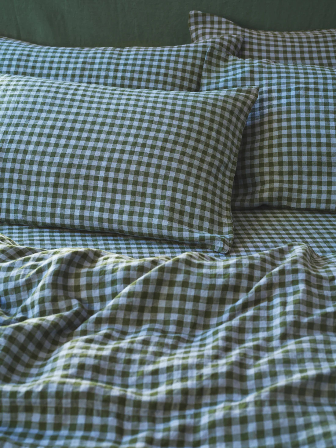 Fern Green & Dusk Blue Colour Drenched Gingham Linen Blend Duvet Cover | Piglet