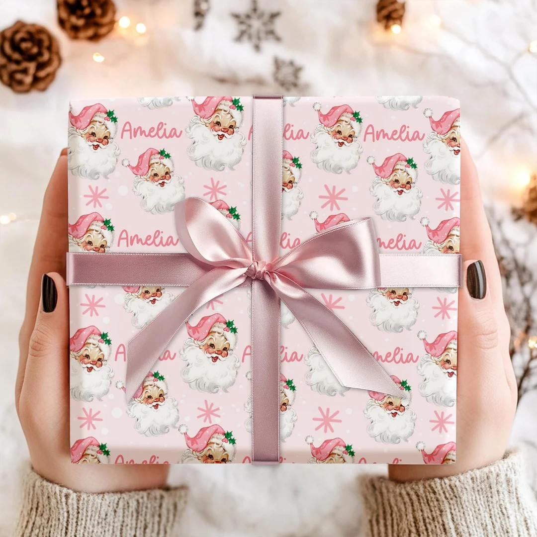 Personalized Christmas Wrapping Paper, Custom Pink Santa Christmas Name Wrapping Paper, Kids Name... | Etsy (US)