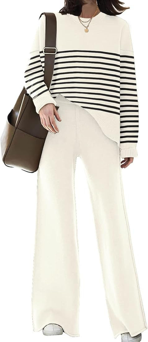 Womens Knitted Sweatsuit Sets 2 Piece Outfits with Sweater Tops and Wide Leg Pant | Amazon (US)