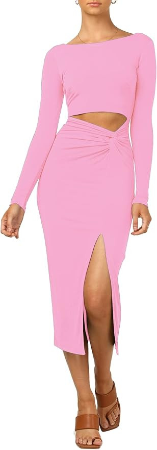 LYANER Women's Scoop Neck Cut Out Long Sleeve Split Hem Bodycon Midi Dress | Amazon (US)
