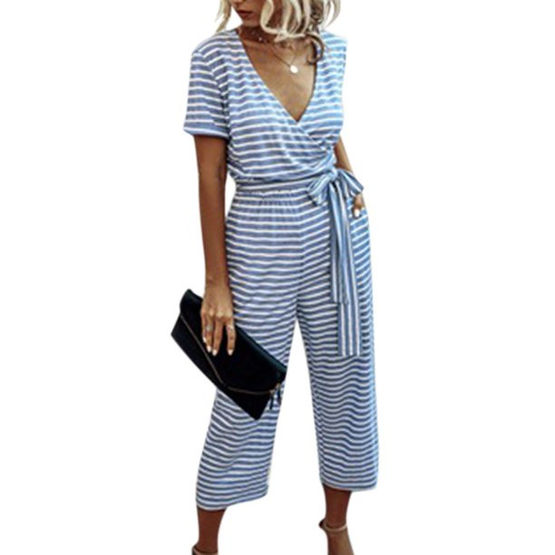 Women's V Neck Short Sleeve Striped Jumpsuit Loose Summer Romper Lounge Wear | Walmart (US)