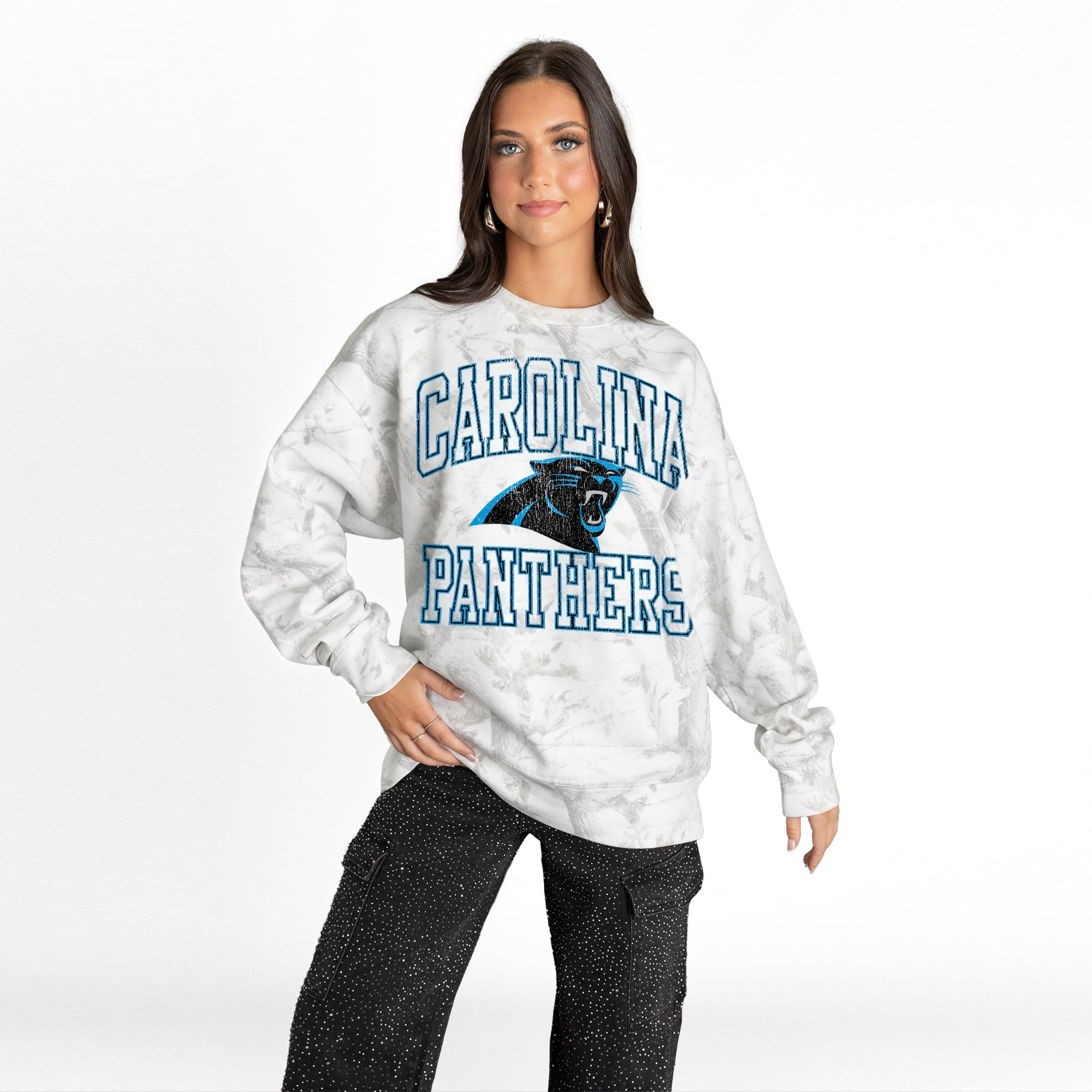 Women's Carolina Panthers  Gameday Couture Arctic Camo Whiteout Oversized Premium Fleece Sweatshi... | NFL Shop