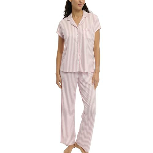 Laura Ashley Women's Pajamas 2 Piece Cotton Blend Notch Collar Button Down PJ Set (US, Alpha, Small, Regular, Regular, Rosy Stripe) | Amazon (US)