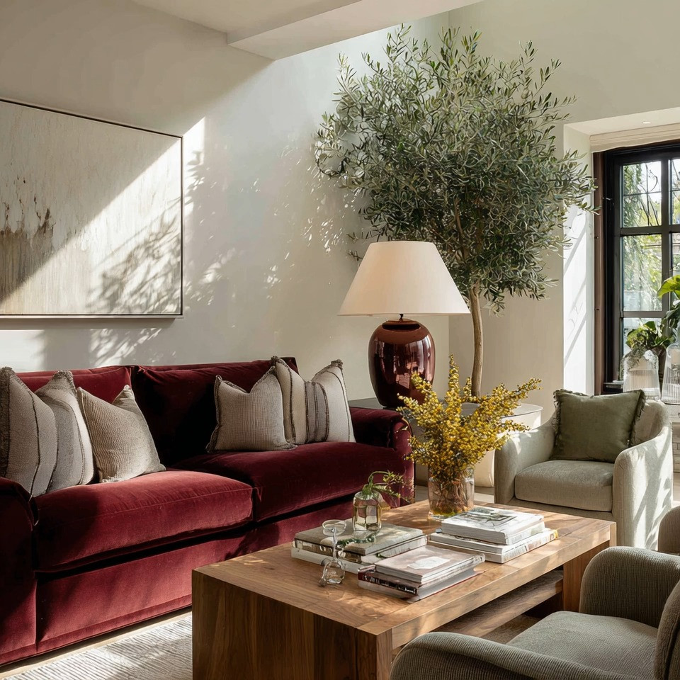 Bring the warmth of Tuscany into your home with just a few intentional pieces.

A gorgeous burgundy velvet sofa instantly becomes the statement of the room, creating richness, depth, and that timeless European-inspired elegance. Pair it with a grounding natural wooden coffee table, soft sage green accent chairs, and an oversized olive tree to create a space that feels collected, warm, and beautifully balanced.

And then comes the detail that softly ties everything together: an elegant ivory table lamp with a deep burgundy base. The lamp adds warmth during the day and creates the most beautiful glow at night, balancing the bold velvet tones with softness and light.

The oversized olive tree is what truly completes this look. More and more homes are making space for oversized greenery because it instantly changes the energy of a room. It brings nature indoors, softens bold decor, and creates that relaxed Tuscany-inspired feeling even inside modern city apartments and homes.

And of course, velvet itself has always carried a sense of luxury. Historically reserved for royalty and grand interiors, today it brings softness, comfort, and richness into everyday living spaces in a much more modern and livable way.

This is bold decor done in an elegant, grounded, timeless way.

Everything is linked below in our edit.

#TuscanDecor #VelvetSofa #QuietLuxury #EuropeanInspiredHome #OliveTreeDecor #ModernOrganicHome 

 #LTKHome