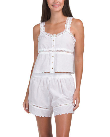 2pc Button Front Tank And Shorts Pajama Set With Scalloped Edges | TJ Maxx